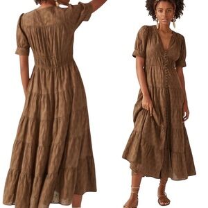 Anthropologie BOHO Tiered&True brown Short Slv   Maxi Dress SZ M cottagecore